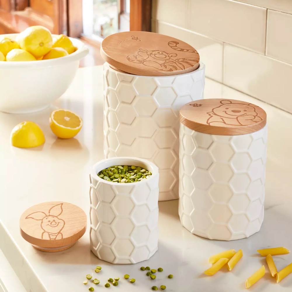 Disney Parks WINNIE THE POOH White Ceramic Honeycomb Canister Cookie Jar Set NEW - Picture 1 of 3